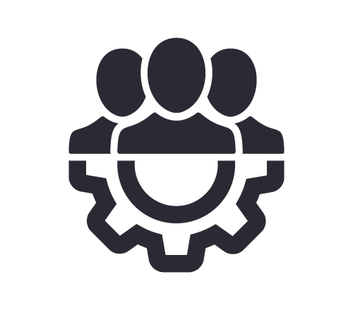 Icon of three people silhouettes above a gear, symbolizing teamwork, collaboration, or community management within a technical or organizational setting.